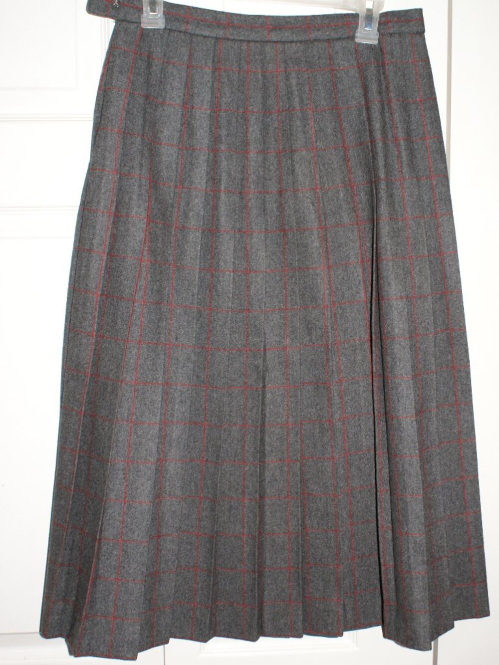 Wool Pleated Midi Skirt - Grey with Red Window Pane - 12 - EUC - Picture 2 of 11